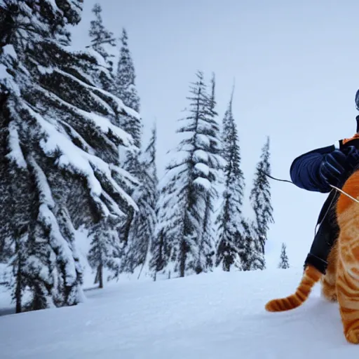 Prompt: an orange tabby cat skiing