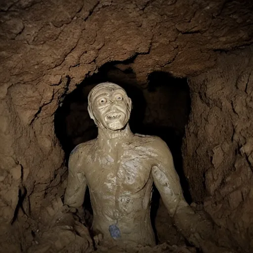 Image similar to found footage of a man made of clay emerging from a wall inside of a cave made of clay, creepy, flash photography, unsettling, moist