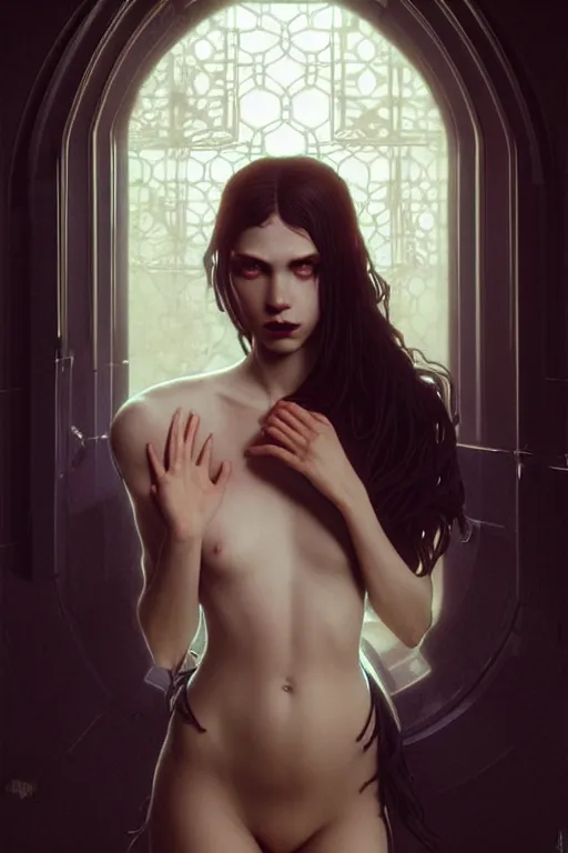 Prompt: beautiful and enigmatic gothic girl held captive in a remote research facility. vulnerability and innocence, ultra realistic, sharp details, subsurface scattering, intricate details, warm lighting, beautiful features, highly detailed, photorealistic, octane render, 8 k, unreal engine, art by artgerm and greg rutkowski and alphonse mucha