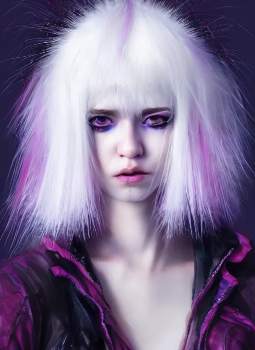 Image similar to hair whitebangs hair, black cyberlox, portrait of normal teenage girl, white bangs, messy bangs, fluffy bangs, cyberlox, whitebangs, red irises, purple background, intricate, elegant, highly detailed, digital painting, artstation, concept art, sharp focus, smooth, illustration, art by wlop, mars ravelo and greg rutkowski