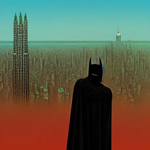 Prompt: Batman standing on top of a skyscraper, New York City skyline visible in the background, in the style of Zdzislaw Beksinski