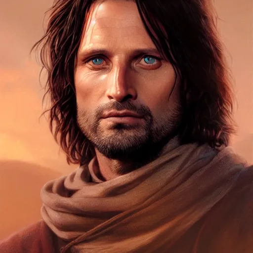 Prompt: Aragorn portrait, golden hour, rim lighting, detailed matte painting, cinematic, Alan Lee, Artstation