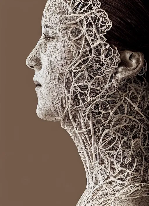 Image similar to a woman's face in profile, made of intricate decorative lace leaf skeleton, in the style of the dutch masters and gregory crewdson, dark and moody