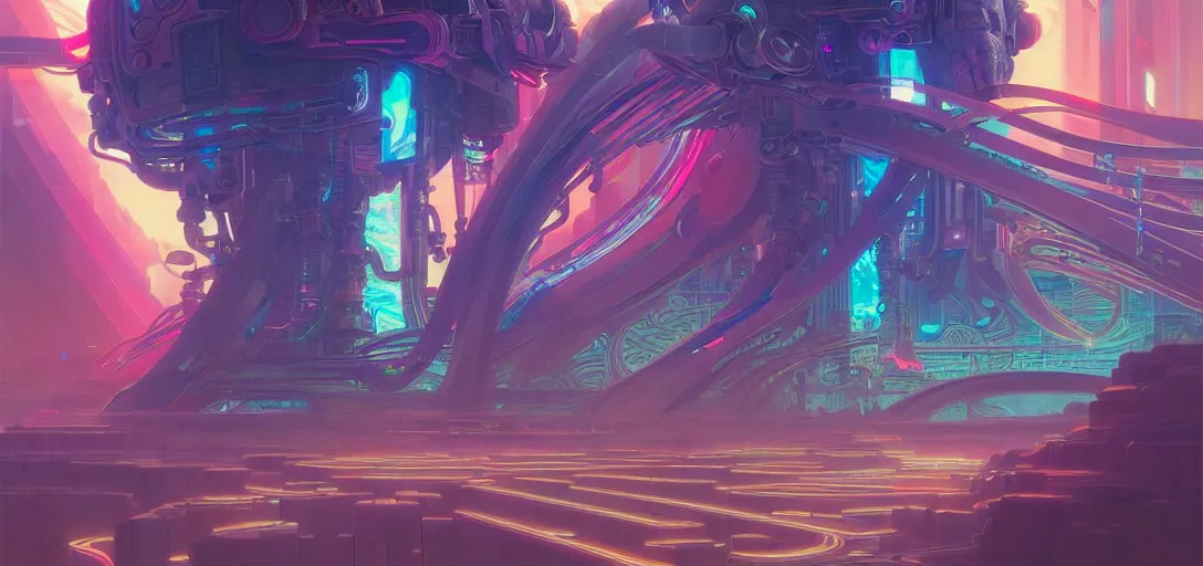 Image similar to a cybernetic temple, vaporwave aesthetic, colorful, psychedelic, digital painting, artstation, concept art, smooth, sharp focus, illustration, art by artgerm and greg rutkowski and alphonse mucha