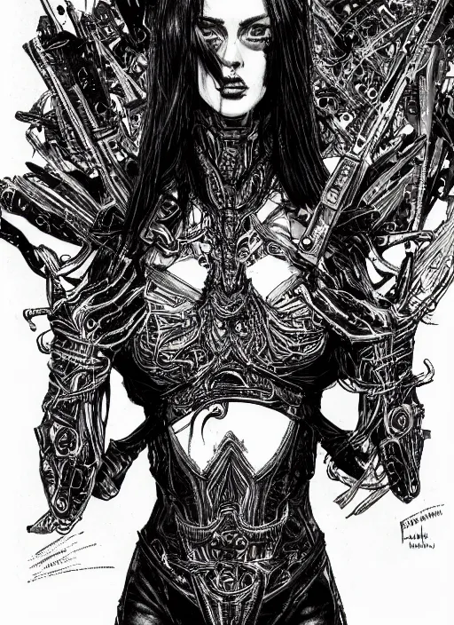 Prompt: a black haired woman in a leather jacket, muscular upper body, abs, d & d, fantasy, intricate, elegant, highly detailed, digital painting, artstation, concept art, smooth, sharp focus, illustration, art by philippe druillet