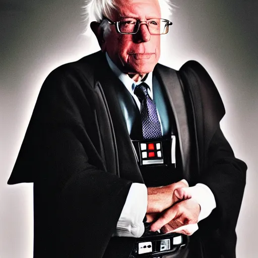 Image similar to bernie sanders wearing darth vader costume. photo portrait by Annie Leibowitz