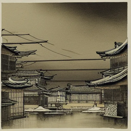 Image similar to a beautiful ink painting of buildings in japanese traditional style, in the style of hiroshi yoshida, at night, light effect, detailed, high - definition, exquisite isolated very detailed, moody lighting, 8 k highly detailed, trending on artstation