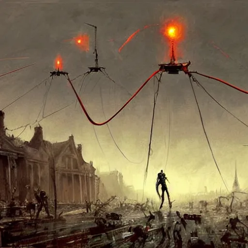 Image similar to war of the worlds, martian tripods attack london, dital painting, very detailed, art by jakub rozalski