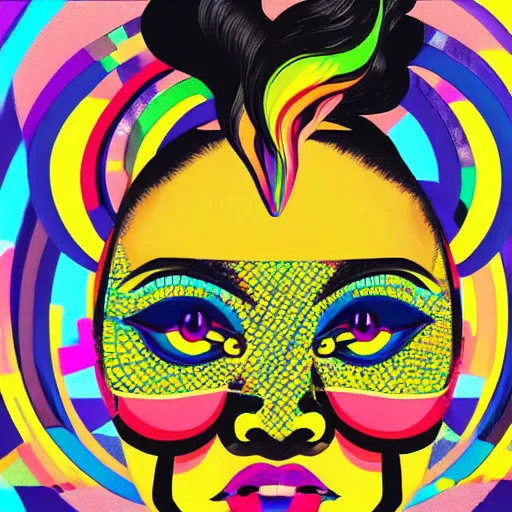 Image similar to closeup portrait of a black woman with yellow eyes and a rainbow background, digital art by tomokazu matsuyama, by ed paschke, behance contest winner, generative art, irridescent, retrowave, grain, androgynous, black background