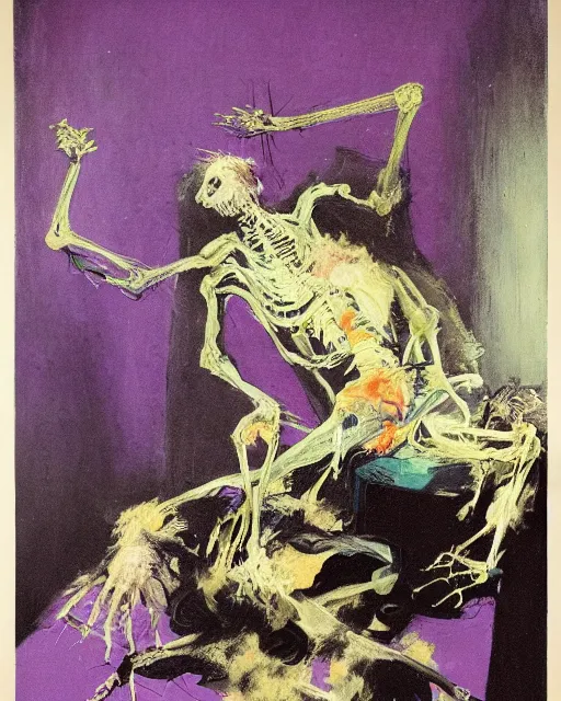 Prompt: dark fleshy figure seated next to another dark angey figure laughing in a messy living room by Francisco Goya and Francis Bacon and James Jean, vibrant purple background, mythological painting, oil painting, triadic color scheme, very coherent, Figure laughing seated on a throne made out of a beskeleton inside interior room, Beksinski painting, masterpiece, artstation