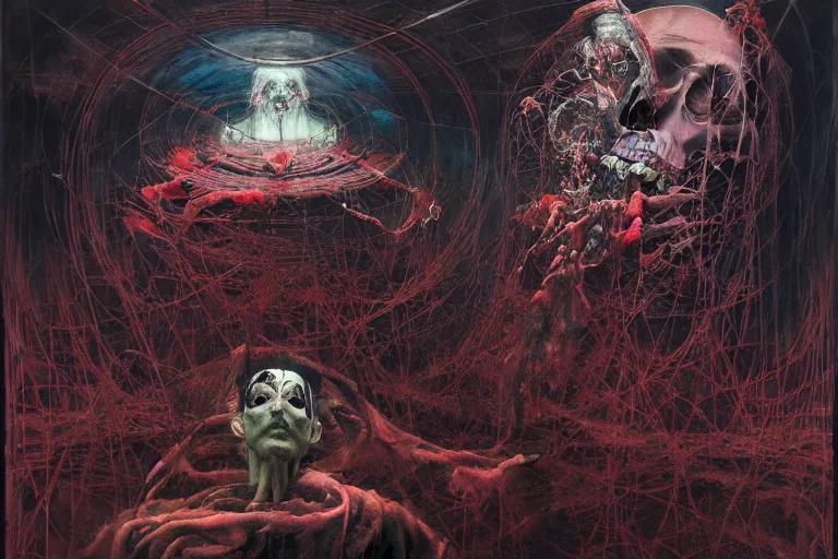 Image similar to The physical impossibility of death, in a brutalist architecture space ship, gothic, rich deep colours, creepy, diabolical, dark, mystical, intrincate,painted by Francis bacon, Adrian ghenie, James jean and Petra cortright, Part Beksinski, part by Takato Yamamoto. 8k masterpiece