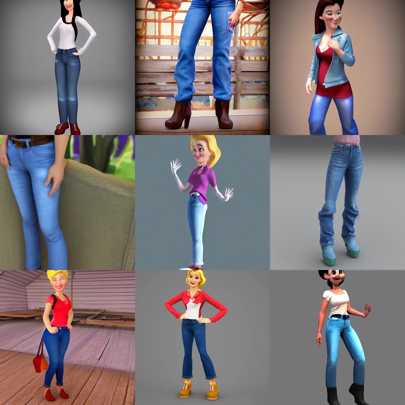 Prompt: a woman in jeans, disney style, 3 d