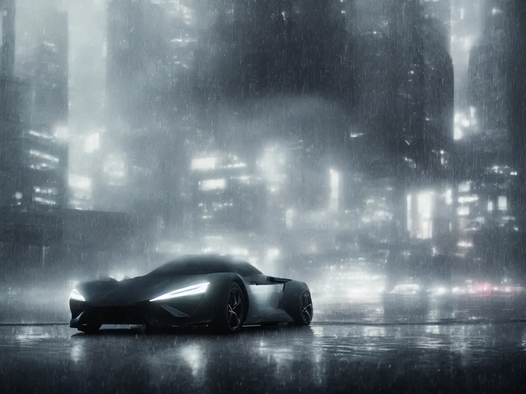 Prompt: telephoto portrait of a Futuristic supercar on wet city streets, mist, dramatic lighting, high contrast, volumetric lighting, octane, cyberpunk