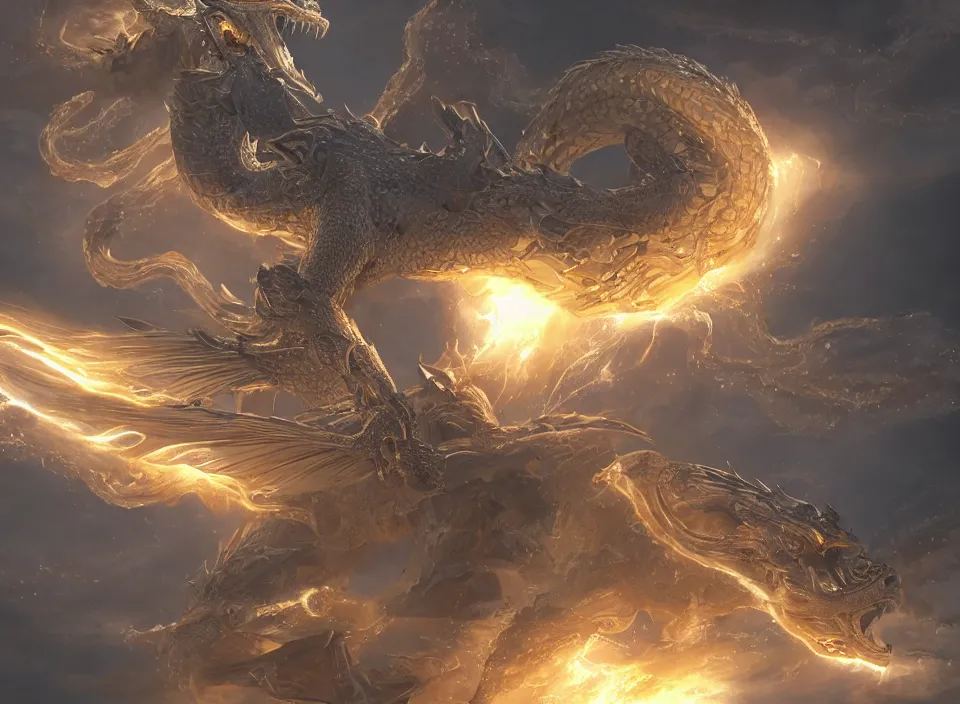 Image similar to a white - gold sacred dragon surrounded by lightning and holy light, aura of light, artificial intelligence, scifi, futuristic, highly detailed, trending on artstation, lee ji - eun, advanced technology, art by vitaly bulgarov and nivanh chanthara and lance wilkinson