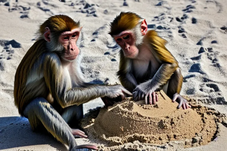 Image similar to a monkey touching a completed sand castle