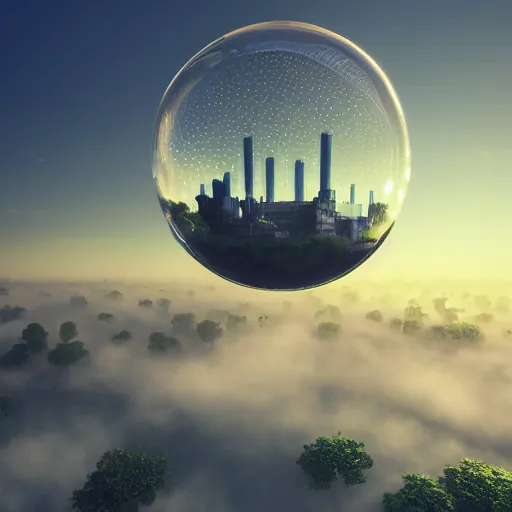 Prompt: skyscraper inside a bubble, floating on clouds, realistic 3 d render, unreal engine, gardens, ecofuturism, solarpunk, maya, 8 k, vmax, award winning, trending on artstation, smooth, sharp focus, octane, twilight sunset background