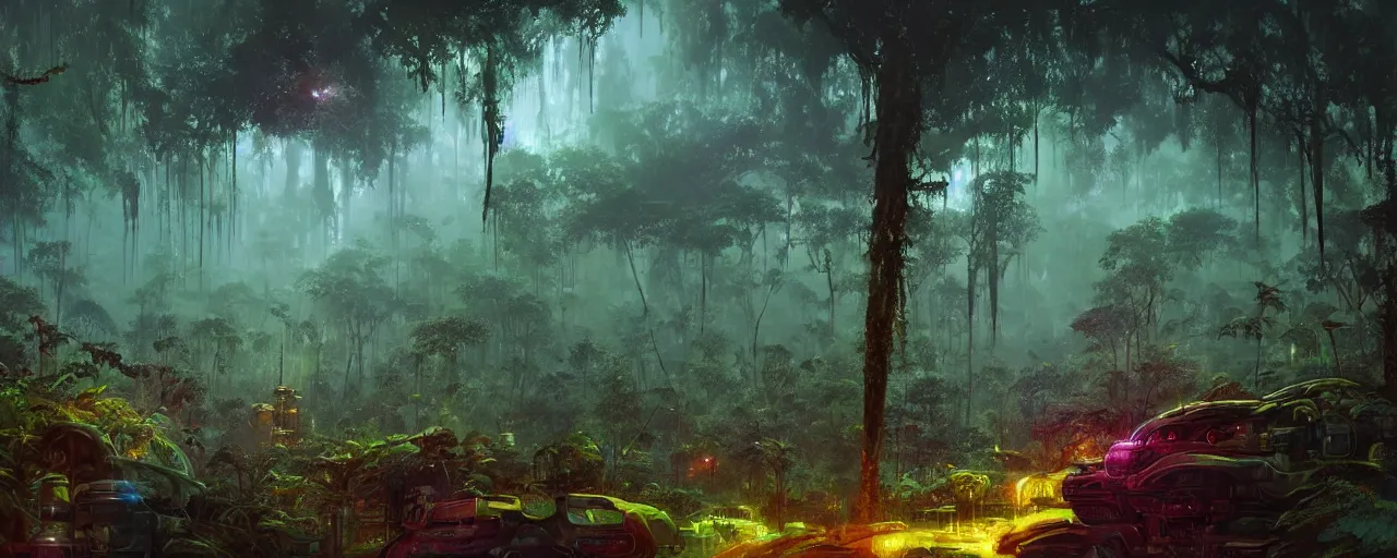 Image similar to ” outer planet with misty jungle, [ moist, wet, lush, cinematic, detailed, epic, widescreen, opening, establishing, mattepainting, photorealistic, realistic textures, octane render, art by paul lehr ] ”