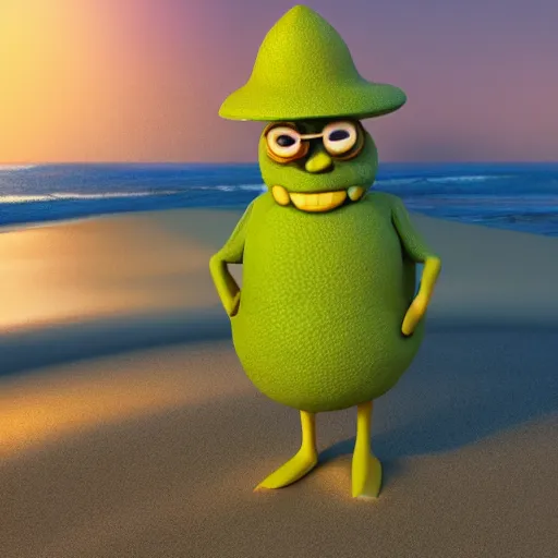 Image similar to 3 d render, of anthropomorphic green lemon character, with lemon skin texture, he is wearing a hat, building a sandcastle on the beach at sunset, beach, huge waves, sun, clouds, long violet and green trees, rim light, cinematic photography, professional, sand, sandcastle, volumetric lightening