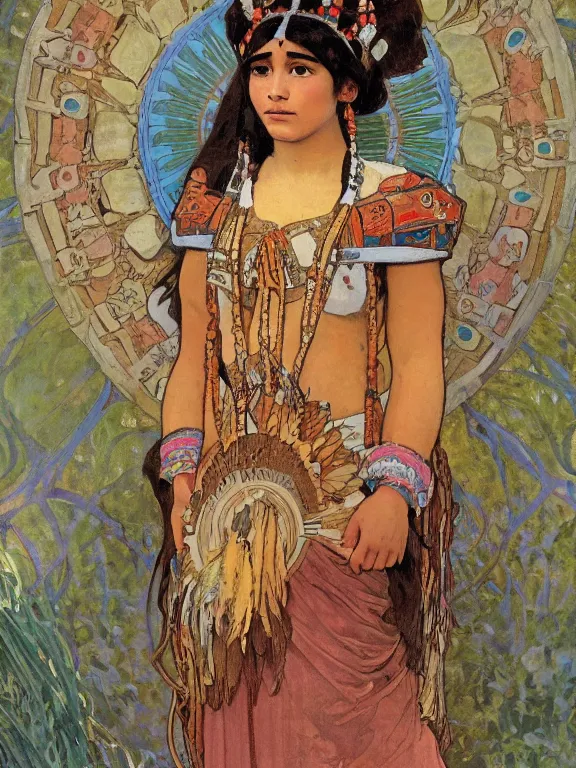 Image similar to an art nouveau painting of a pretty young native mayan woman dressed in a traditional, modest coat of beads and feathers and an elaborate headdress, in front of an aztec calendar, by alphonse mucha and james gurney and john william waterhouse