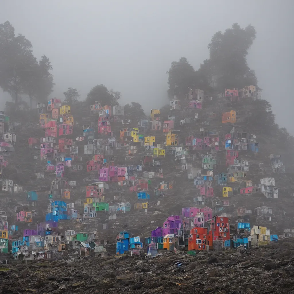 Prompt: two towers, made up of colourful makeshift squatter shacks, uneven fog, dystopia, sony a 7 r 3, f 1 1, fully frontal view, photographed by jeanette hagglund