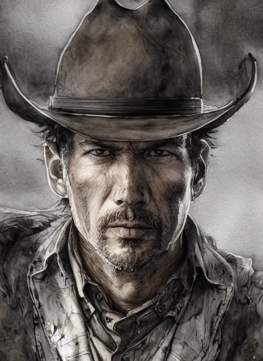 Prompt: portrait, a last stand of a cowboy, watercolor, dramatic lighting, cinematic, establishing shot, extremely high detail, foto realistic, cinematic lighting, pen and ink, intricate line drawings, by Yoshitaka Amano, Ruan Jia, Kentaro Miura, Artgerm, post processed, concept art, artstation, matte painting, style by eddie mendoza, raphael lacoste, alex ross