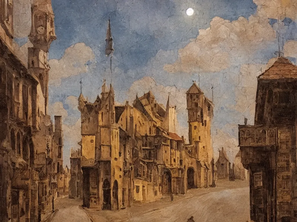 Prompt: moonlit medieval city street, moon covered with long horizontal clouds, natural colors, medieval painting