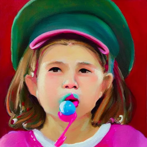 Prompt: A cute girl blowing gum in her mouth, wearing a pink hat, oil painting