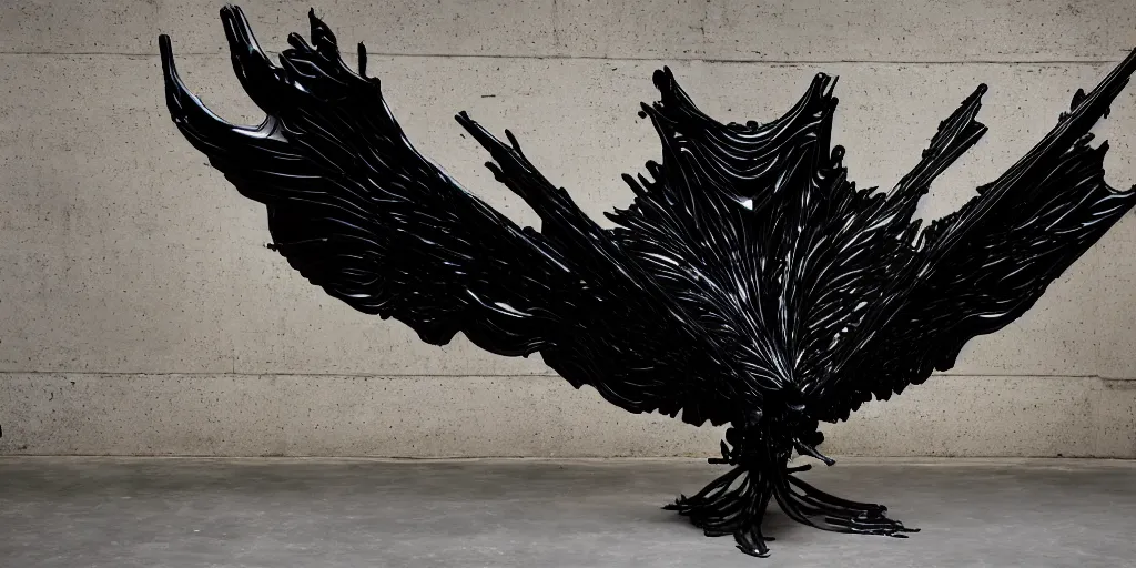 Prompt: ASYMMETRICAL irregular brutalist black-metal winged sculpture made of glossy black liquid latex and industrial hardware, sharp irregular spiraling wings, fractal shapes, strange angles and spidery edges, designed by nancy grossman, anish kapoor, herman nitsch, 8k, hyperrealistic, hyper-detailed, highly textured, gloss finish, dark volumetric lighting