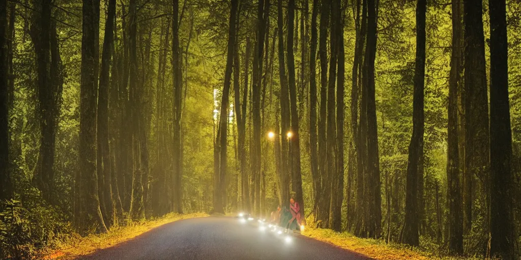 Image similar to tweedle dee and tweedle dum laughing hysterically, night, road between tall trees, dense forest, dark night, moon, in style of disney cartoon