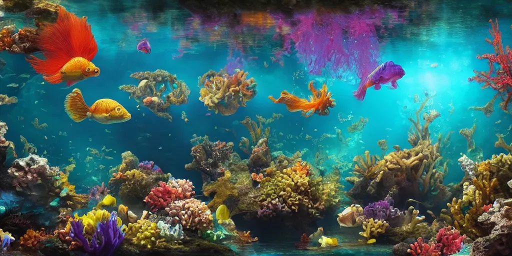 Prompt: beautiful underwater scene. an ancient ship sunk in the abyss very shiny water. colorful fish. seahorse. goldfish. coral, water flowers. beautiful lighting, 4 k post - processing, highly detailed, 5 k extremely detailed, 3 d. sun is highlighting the bubbles. render in octane and cryengine. painterly detailed matte painting, by albert bierstadt