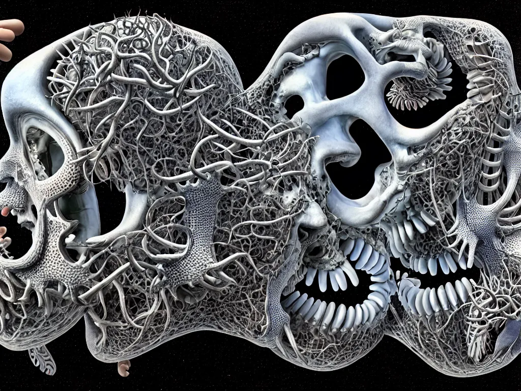 Image similar to human eating yourself ], neo surrealism, art by ernst haeckel and daniel martin diaz and mc escher, 8 k, unreal engine render