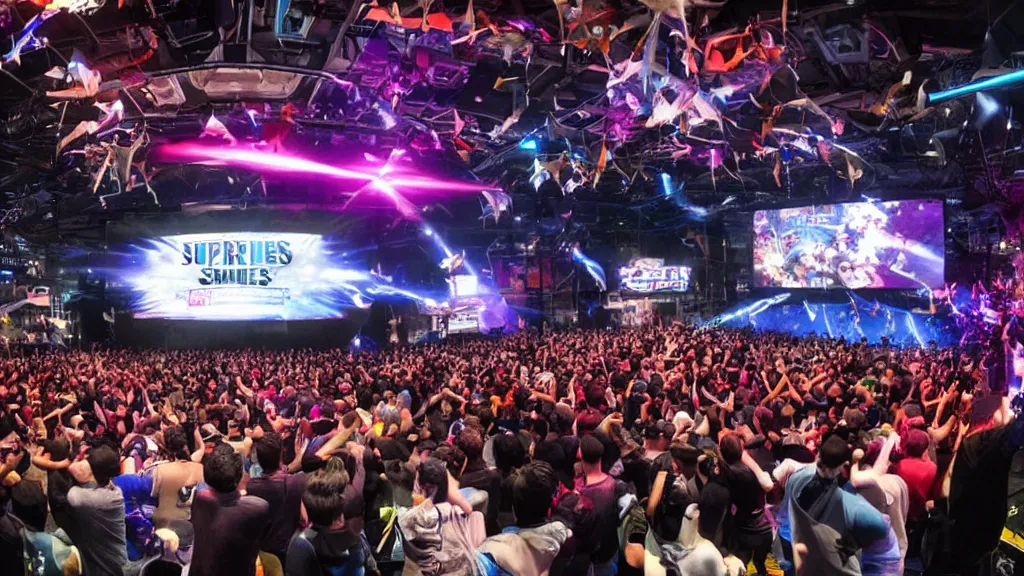 Prompt: Video game tournament with professional staging and truss lighting, huge projector screens showcasing gameplay Super Smash Brothers Ultimate, moment of victory as the crowd cheers and confetti flies through the air