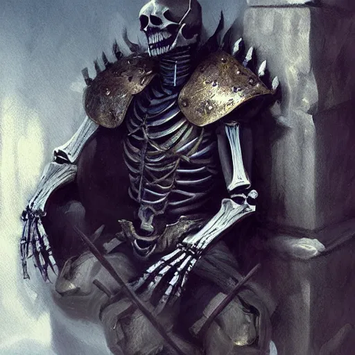 Image similar to Skeleton King, armour, resting on his throne, oil painting, by Fernanda Suarez and Greg Rutkowski