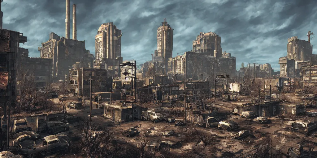 Image similar to post - apocalyptic city, fallout style, fallout 3, fallout 4, fallout 7 6, digital art, 4 k,