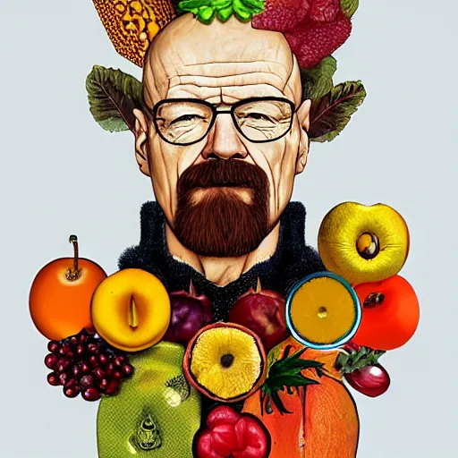 Image similar to walter white in the style of giuseppe arcimboldo, fruits