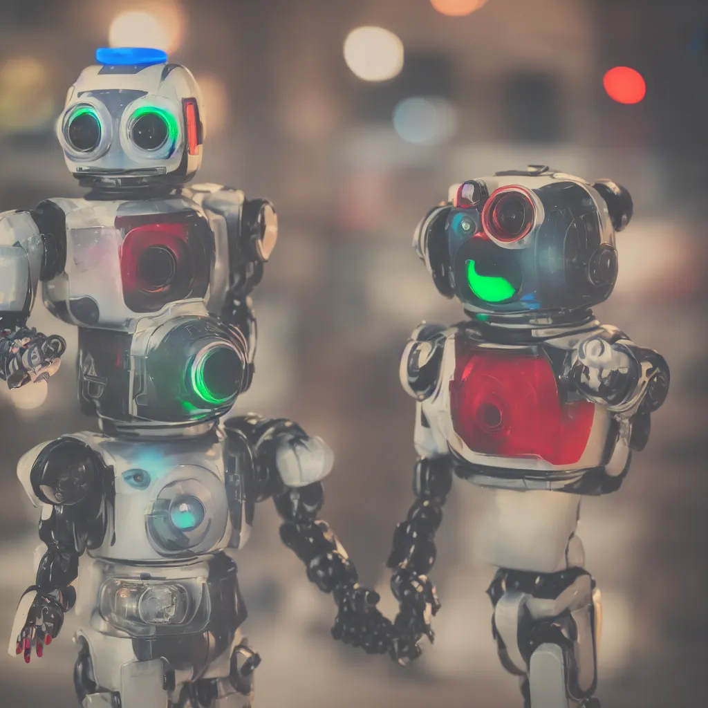 Image similar to high quality presentation photo of a retro toy robot with glowing eyes, photography 4k f1.8 anamorphic bokeh 4k Canon Nikon