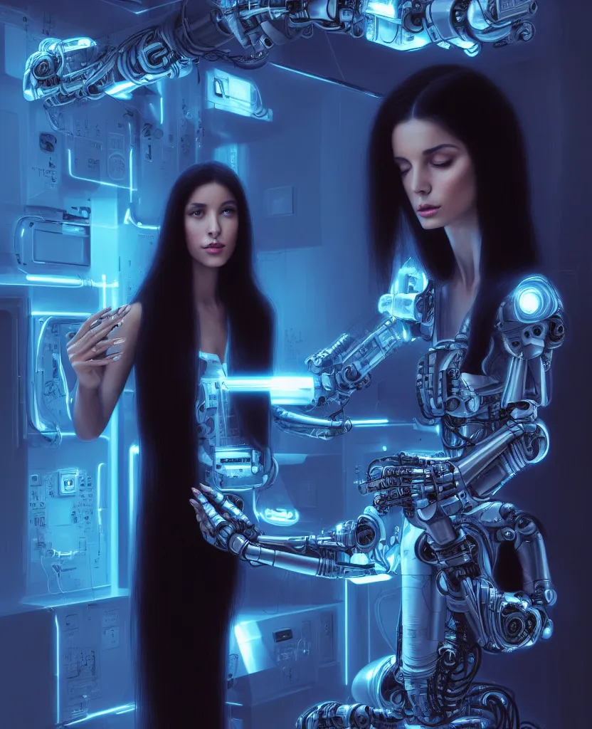 Prompt: beauty young spanish woman with long black hair robotic hands, interacting with a holographic interface of alien artifacts, electrical case display, Terminator tech, ultrarealistic, dramatic lighting, electrical details, high details, 4k, 8k, best, accurate, trending on artstation, artstation, photorealism, ultrarealistic, digital painting, style of Peter Mohrbacher, Caravaggio, Hajime Sorayama and Boris Vallejo