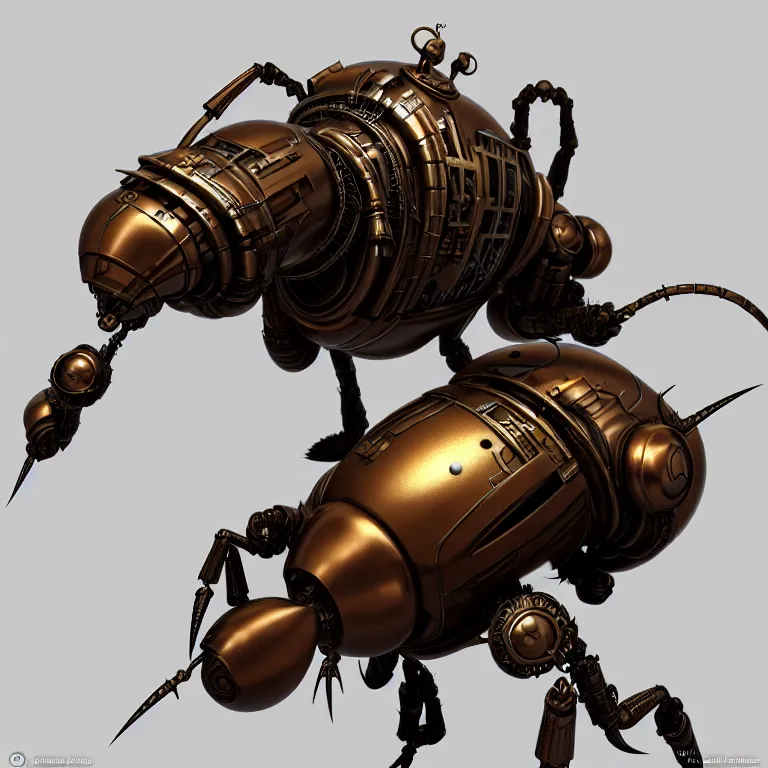 Image similar to steampunk robot ant, 3 d model, unreal engine realistic render, 8 k, micro detail, intricate, elegant, highly detailed, centered, digital painting, artstation, smooth, sharp focus, illustration, boris vallejo