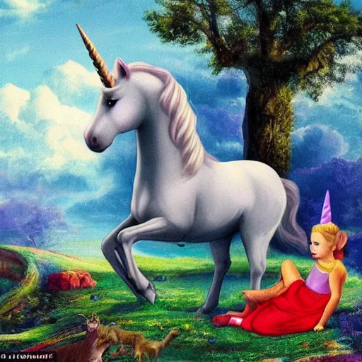 Image similar to dream : a fabulous landscape, a magical unicorn. a boy is sitting astride him. a cat is lying