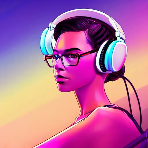 Image similar to synthwave girl wearing headphones, animated, trending on artstation, portrait