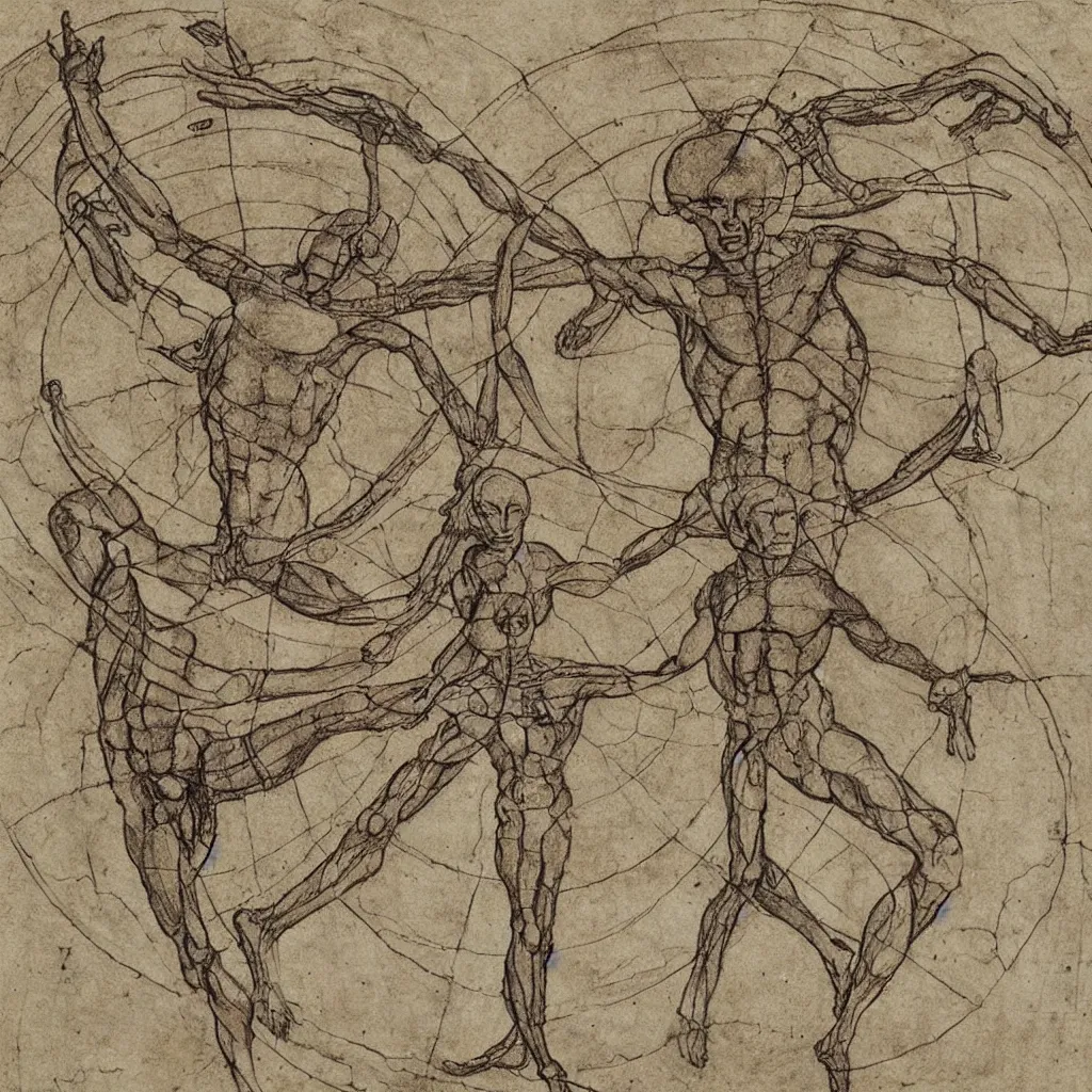 Image similar to vitruvian alien drawing by leonardo da vinci, 8 k