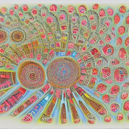 Prompt: medium:colored fine-pencil on paper, hyper-fractal automaton made of Notation, Symbols, Lines, Sequences, Interpretation, Instructions, Communication, Visuality, Process, form, line, character, surface, space, material, immaterial, sensual, symbolic, conceptual, Series, Variations, Temporalization, Processualization, Notation, Instruction, Form, Sign, Symbol, Movement, Parallel, Sequential, Disordered, Unconnected, Static, Visual, Mental, Iconic, Imaginative. Creative, large-scale, multi-part, process, drawing, repetition, variation, order, chaos, improvisation