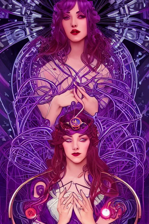 Image similar to she dreams of arcs of purple flame intertwined with glowing sparks, glinting particles of ice, dramatic lighting, steampunk, bright neon, secret holographic cyphers, red flowers, solar flares, high contrast, smooth, sharp focus, art nouveau, intricate art by artgerm and Alphonse Mucha
