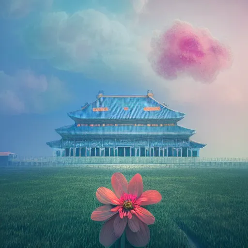 Image similar to flowers in universe, the buildings on cloud, by beeple, lee medgwick, beeple, forbidden city, ayu