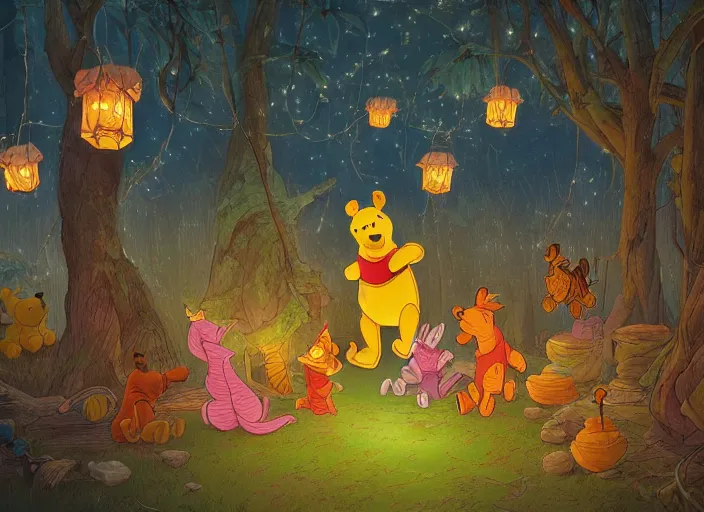 Image similar to concept art of a birthday party at night with winnie the pooh characters in the woods, paper lanterns and fairy lights, cel shaded, in the style of makoto shinkai and moebius and peter mohrbacher and anton fadeev