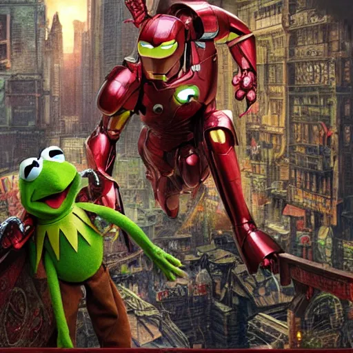 Image similar to Kermit the Frog as Iron Man by P. Craig Russell and Barry Windsor-Smith, Sesame Street, 8k octane beautifully detailed render, post-processing, extremely hyperdetailed, intricate, epic composition, grim yet sparkling atmosphere, cinematic lighting + masterpiece