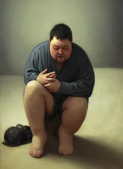 Image similar to insanely detailed chiaroscuro image of a exhausted - looking chubby casually - dressed programmer guy on his knees facing his glowing ultrawide monitor monitor begging it for forgiveness, oil on canvas, masterwork, fine detail, trending on artstation, emotive, insanely compelling, ryden, koons, moebius