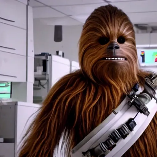 Image similar to chewbacca in the role of nurse from doctor haus movie, medical dress, white lab coat, detailed, demical outfit, in the lab, film still