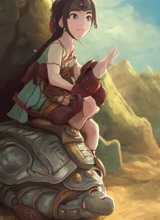 Image similar to portrait of a little warrior girl character sitting on top of a giant armored turtle with a big smiling face in the desert, studio ghibli epic character with dark skin and beautiful green eyes, very beautiful detailed symmetrical face, long black hair, bright colors, diffuse light, dramatic landscape, fantasy illustration