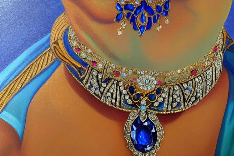 Prompt: highly detailed oil painting, front view, very realistic gemstones, art nouveau, ornate, delicate, brilliant sapphire choker, necklace on display, dramatic light,